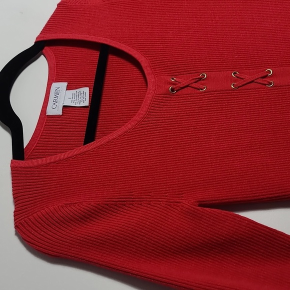 CARMEN MARC VALVO Ribbed Knit Half Sleeve Faux Corset Front Red Sweater Shirt Sm - Picture 4 of 14